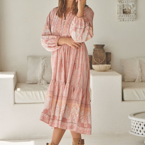 Jaase Swan Lake Ezra Midi Dress sz Medium BNWT Peony pink peachy boho Swans gown - Picture 5 of 9